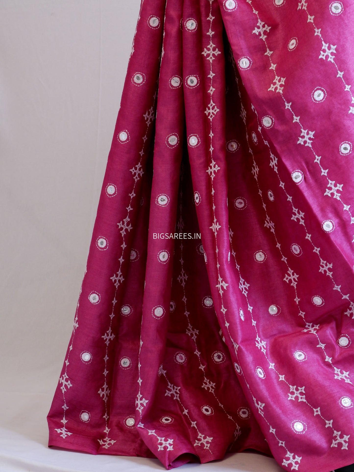 Kutchi Hand Embroidered Saree | Pure Tassar Silk | Silk Marked | Pink