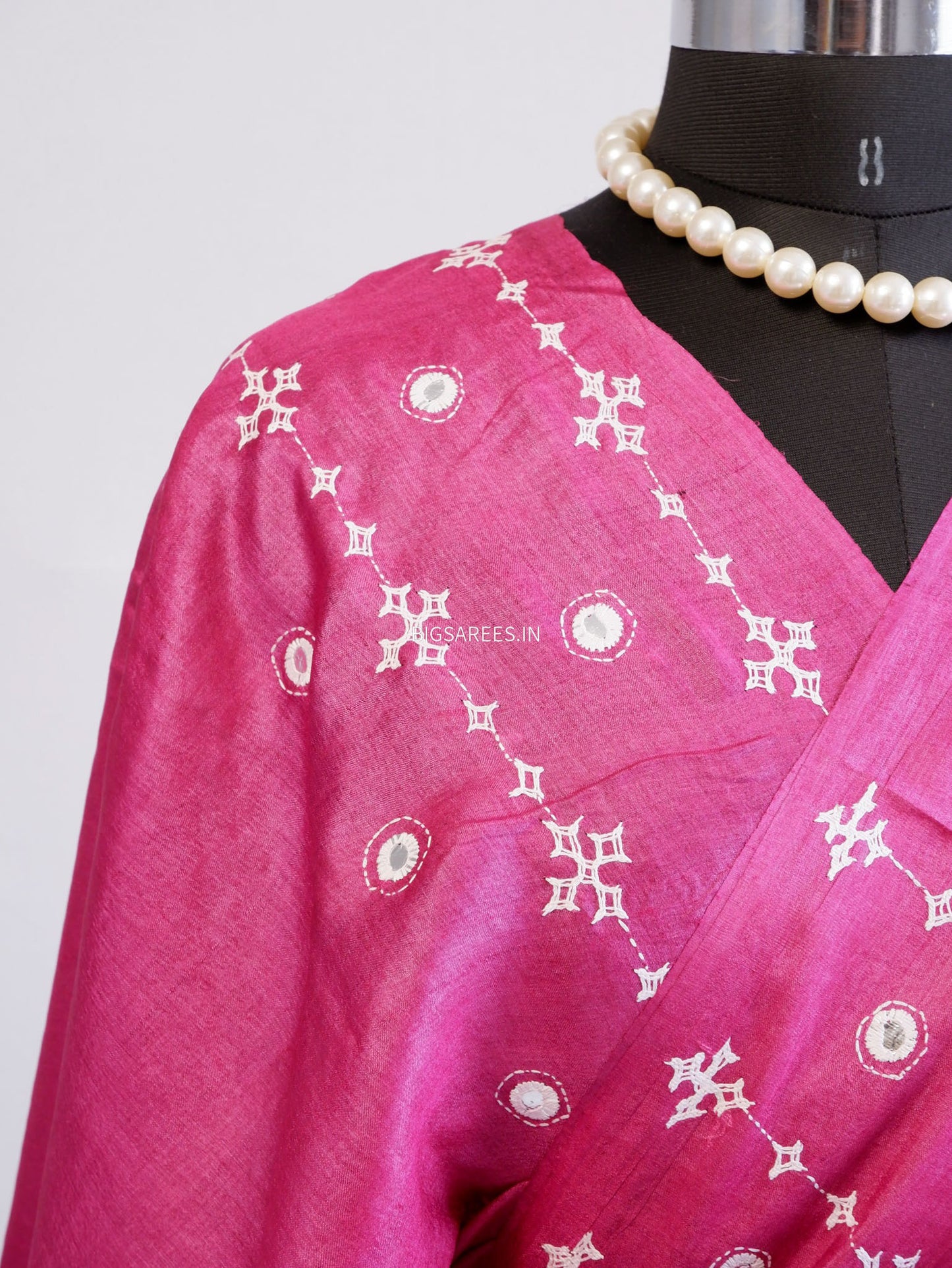Kutchi Hand Embroidered Saree | Pure Tassar Silk | Silk Marked | Pink