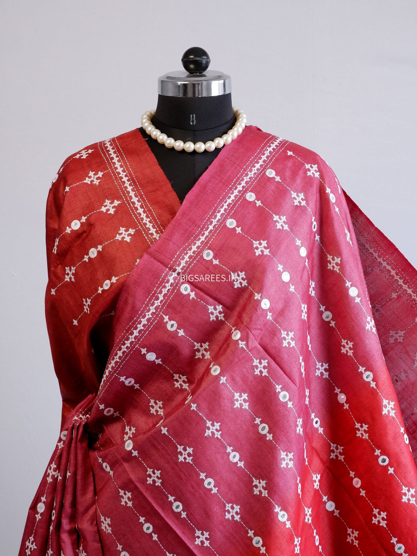 Kutchi Hand Embroidered Saree | Pure Tassar Silk | Silk Marked | Red