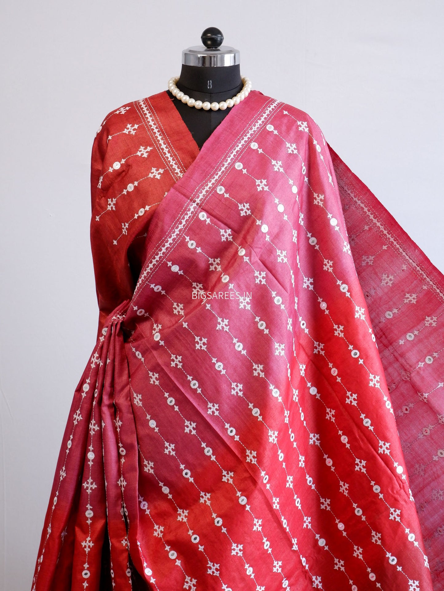 Kutchi Hand Embroidered Saree | Pure Tassar Silk | Silk Marked | Red