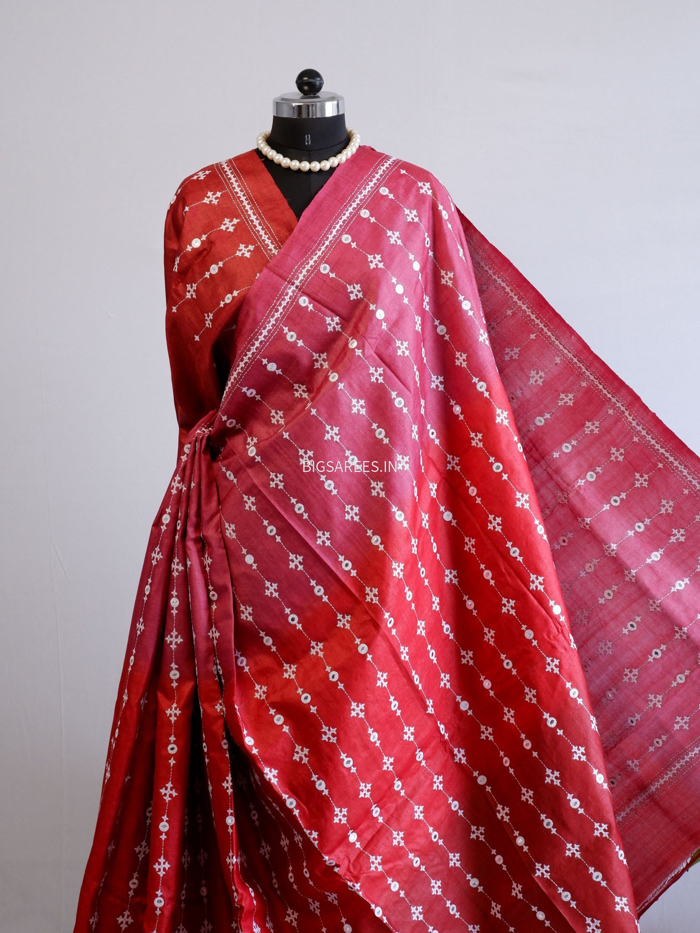 Kutchi Hand Embroidered Saree | Pure Tassar Silk | Silk Marked | Red