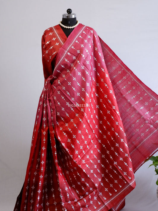 Kutchi Hand Embroidered Saree | Pure Tassar Silk | Silk Marked | Red