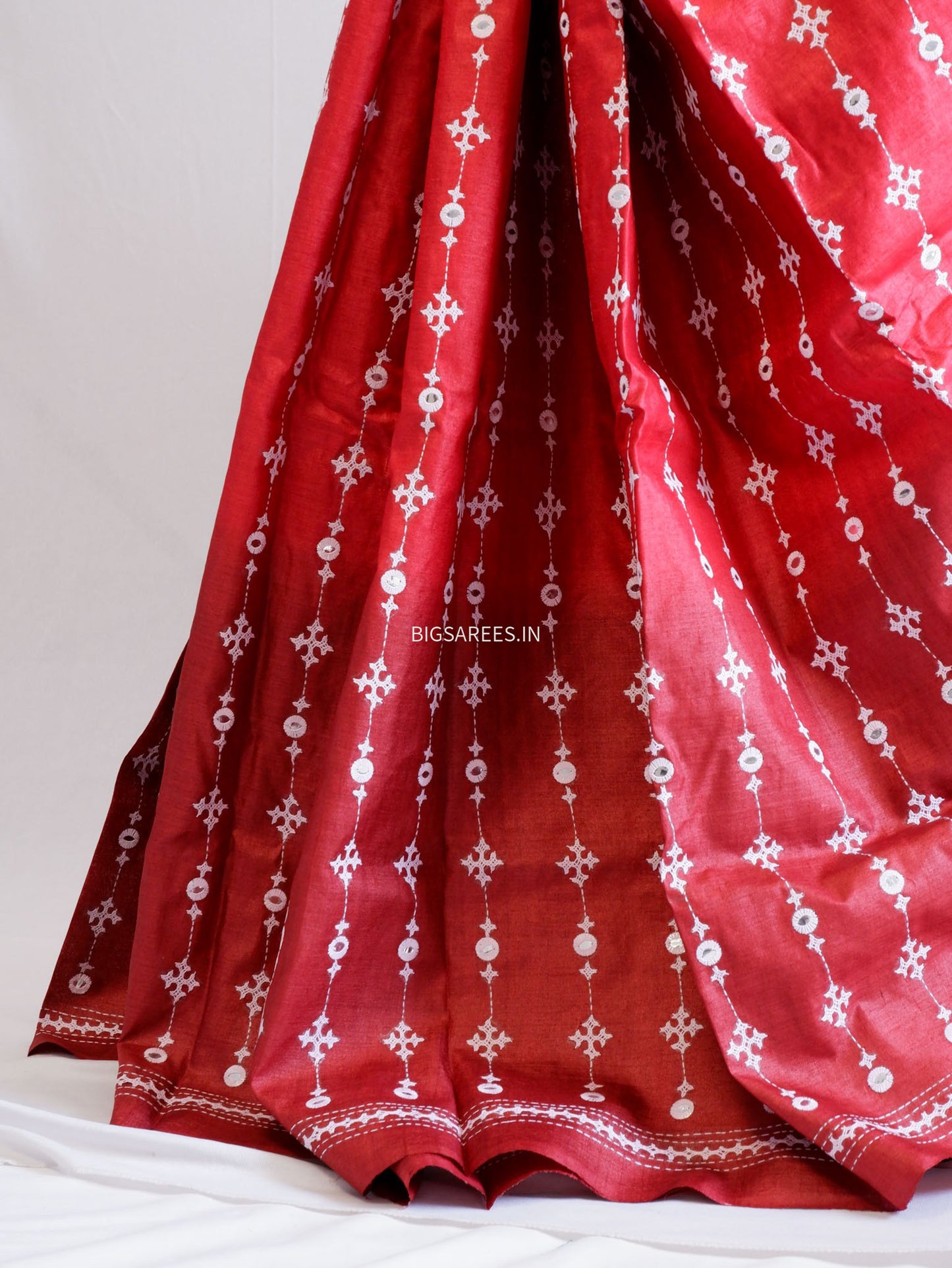 Kutchi Hand Embroidered Saree | Pure Tassar Silk | Silk Marked | Red