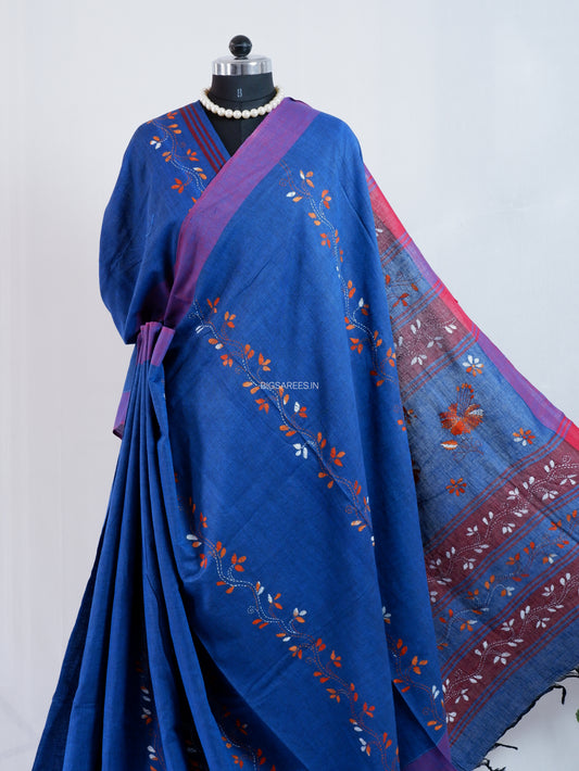 Kantha Hand-Embroidered Saree | Pure Khadi Cotton | Deep Ocean Blue