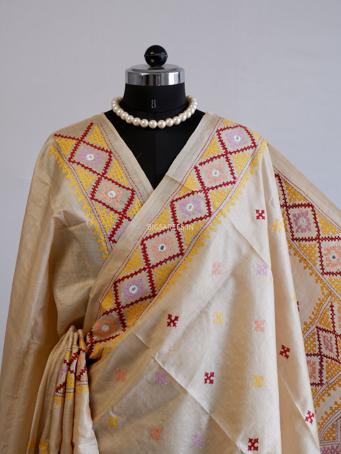 Kutchi Hand Embroidered Saree | Gachi Tassar Silk | Silk Marked | Off White