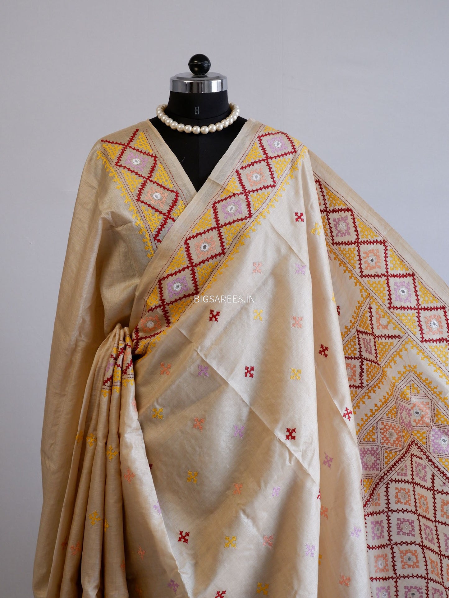 Kutchi Hand Embroidered Saree | Gachi Tassar Silk | Silk Marked | Off White