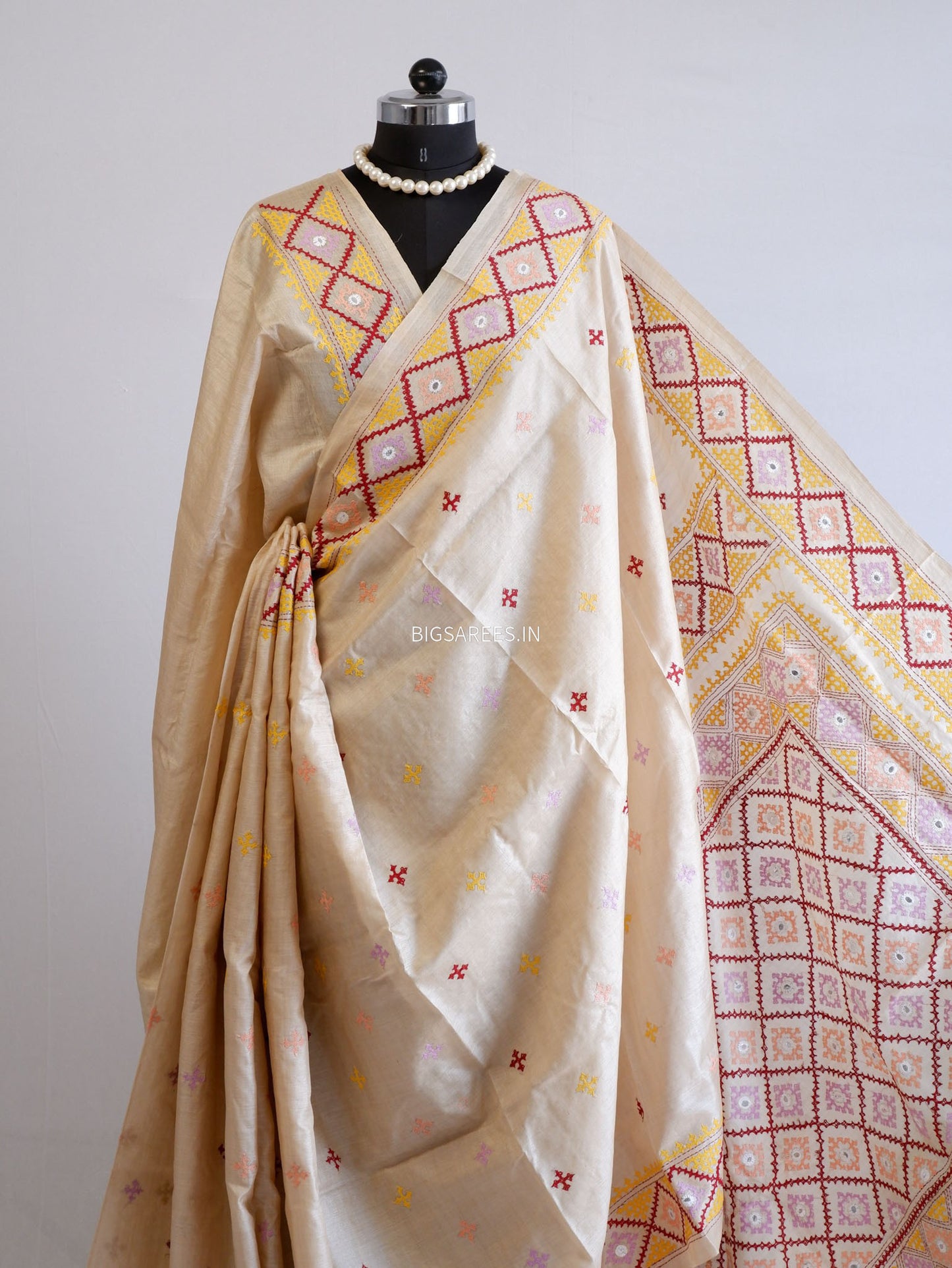 Kutchi Hand Embroidered Saree | Gachi Tassar Silk | Silk Marked | Off White