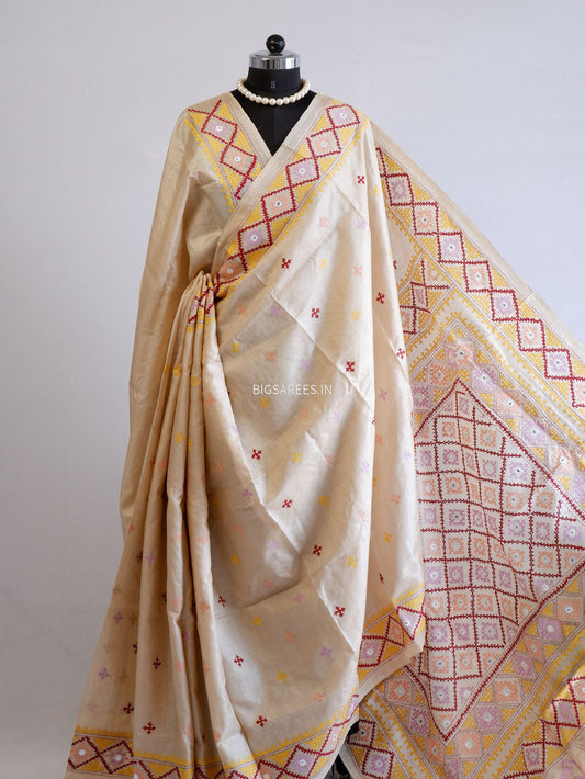 Kutchi Hand Embroidered Saree | Gachi Tassar Silk | Silk Marked | Off White