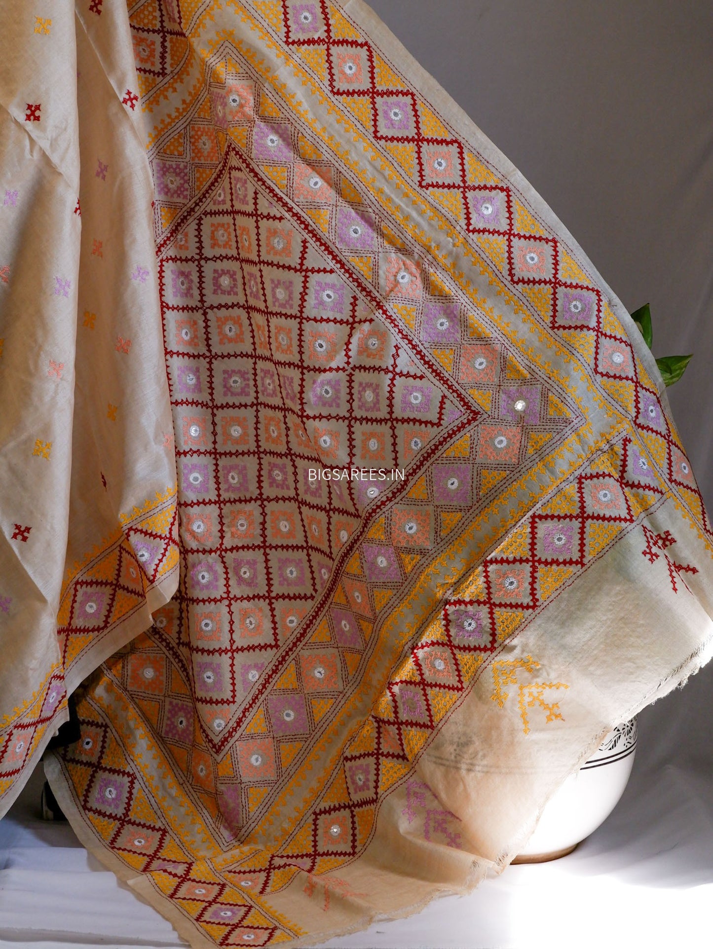 Kutchi Hand Embroidered Saree | Gachi Tassar Silk | Silk Marked | Off White