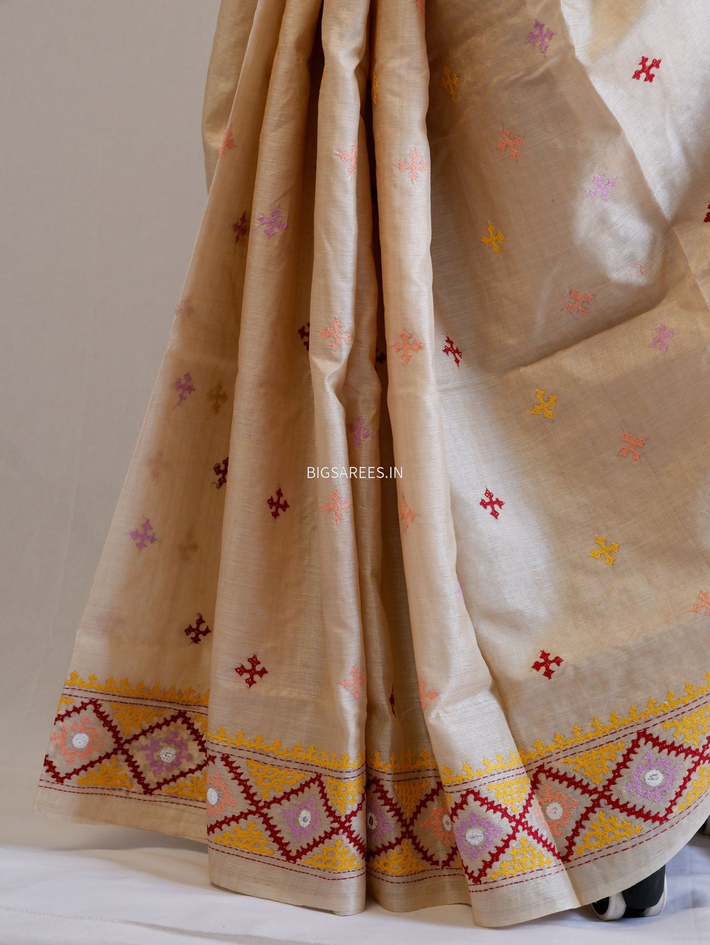 Kutchi Hand Embroidered Saree | Gachi Tassar Silk | Silk Marked | Off White