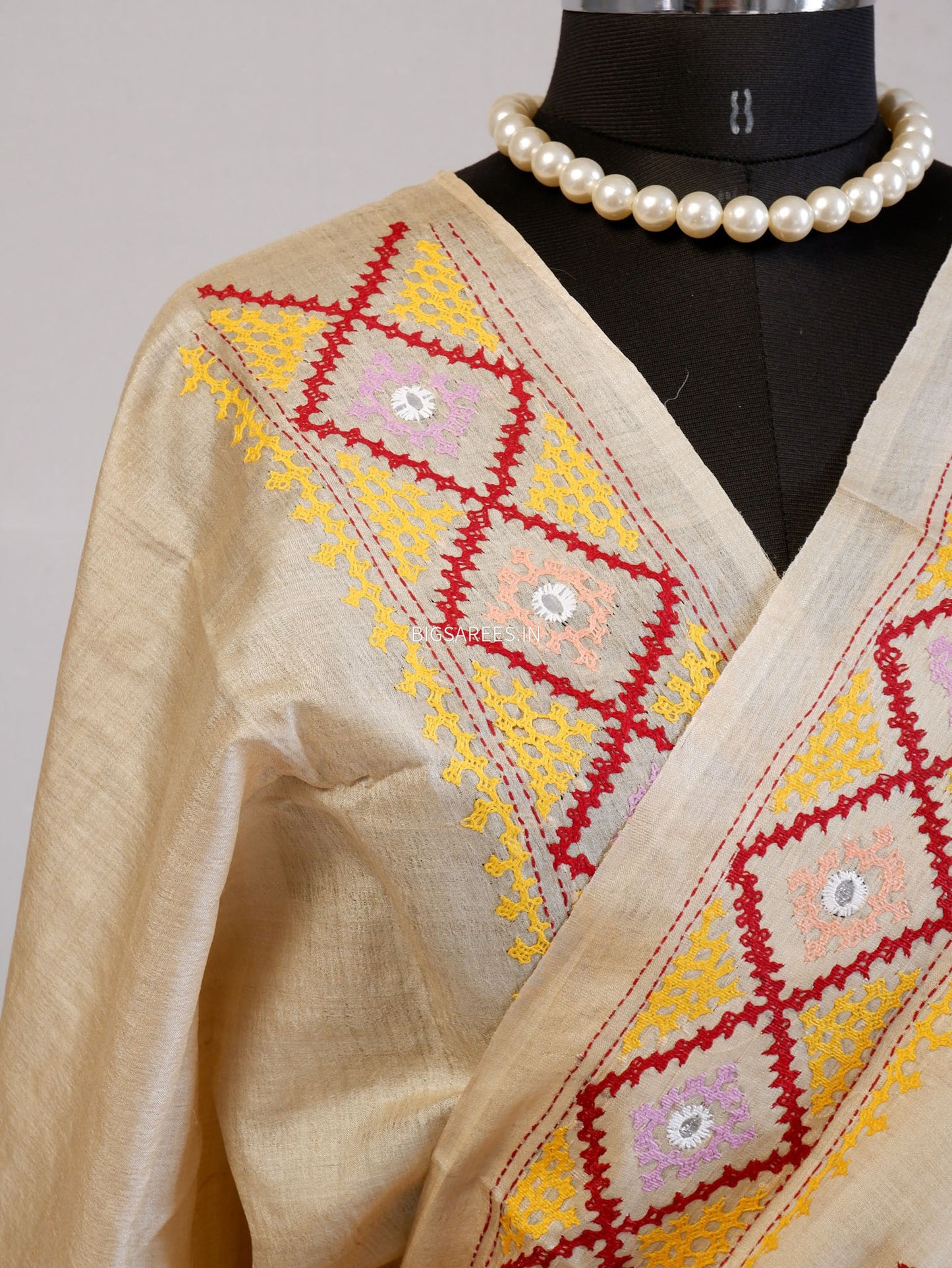 Kutchi Hand Embroidered Saree | Gachi Tassar Silk | Silk Marked | Off White