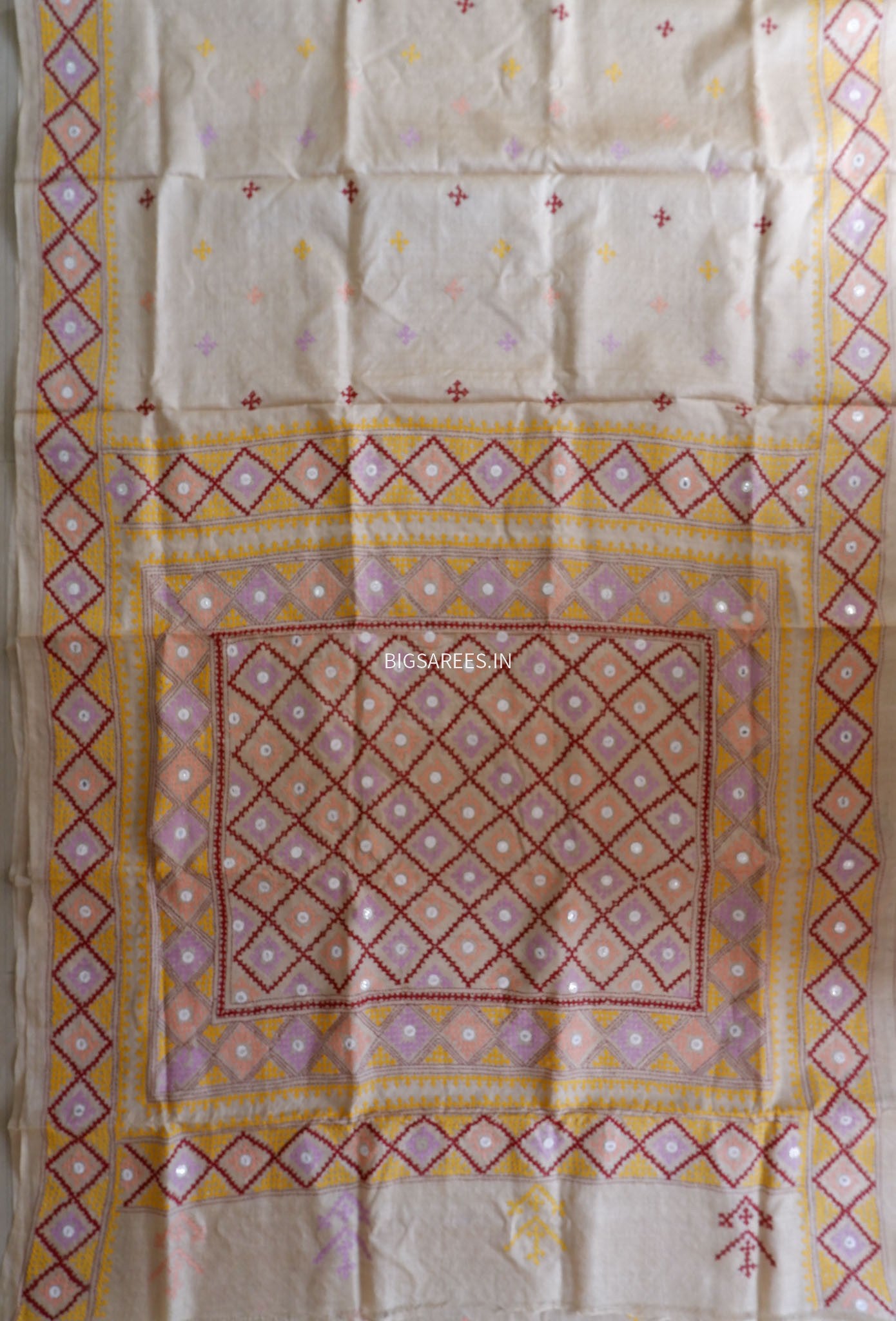 Kutchi Hand Embroidered Saree | Gachi Tassar Silk | Silk Marked | Off White