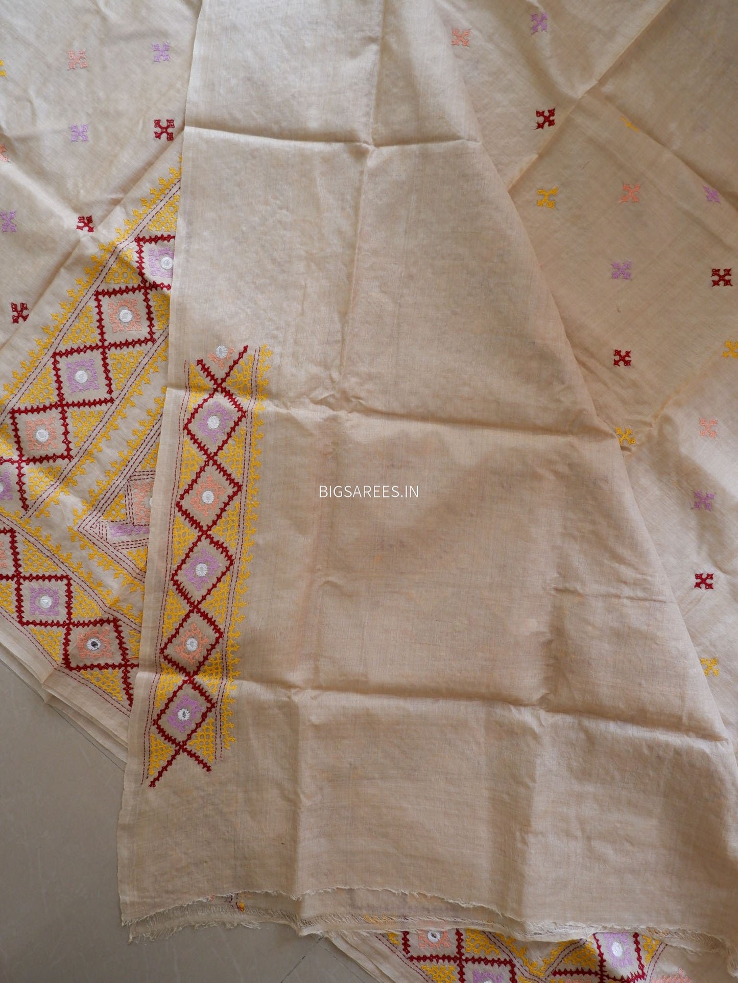 Kutchi Hand Embroidered Saree | Gachi Tassar Silk | Silk Marked | Off White