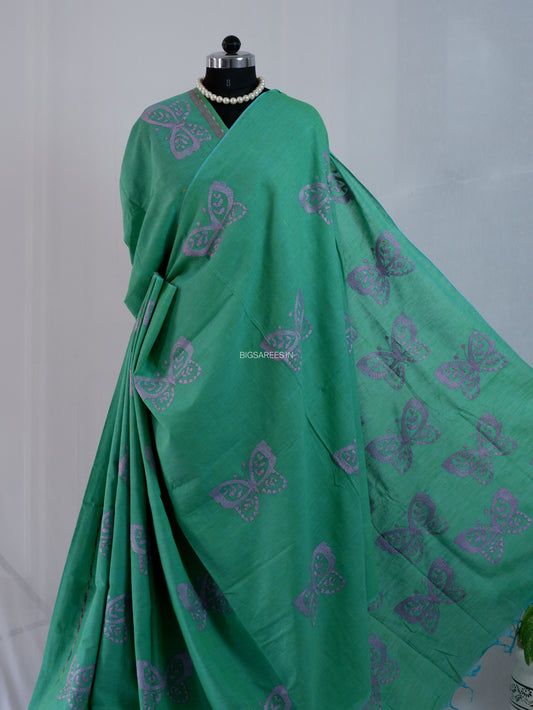 Kantha Hand-Embroidered Saree | Pure Khadi Cotton | Jade Green