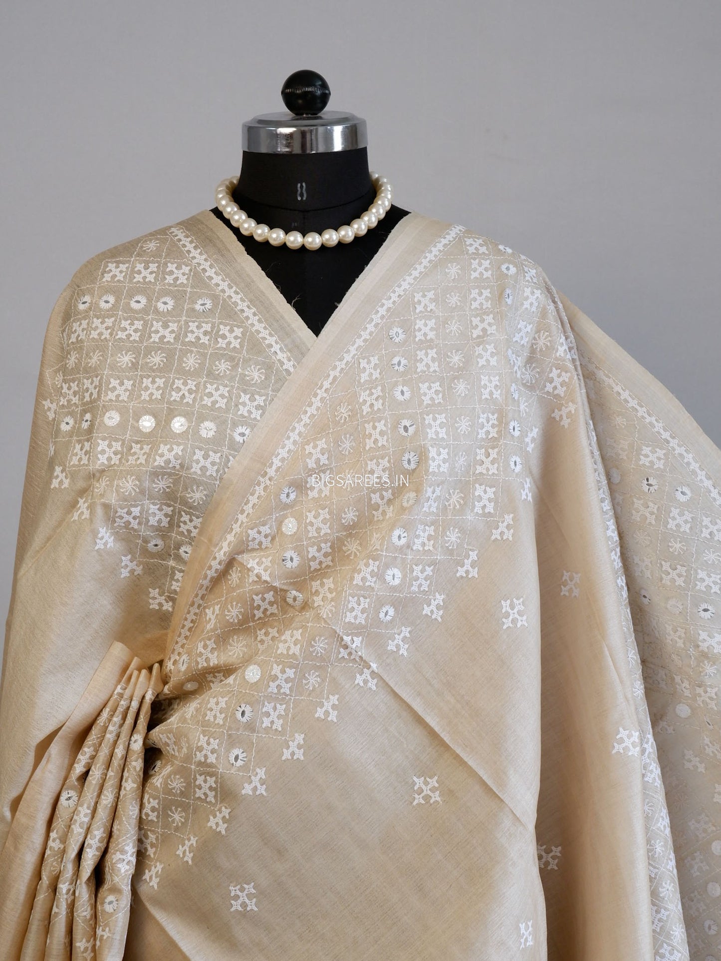 Kutchi Hand Embroidered Saree | Pure Gachi by Gachi Tassar Silk| Beige