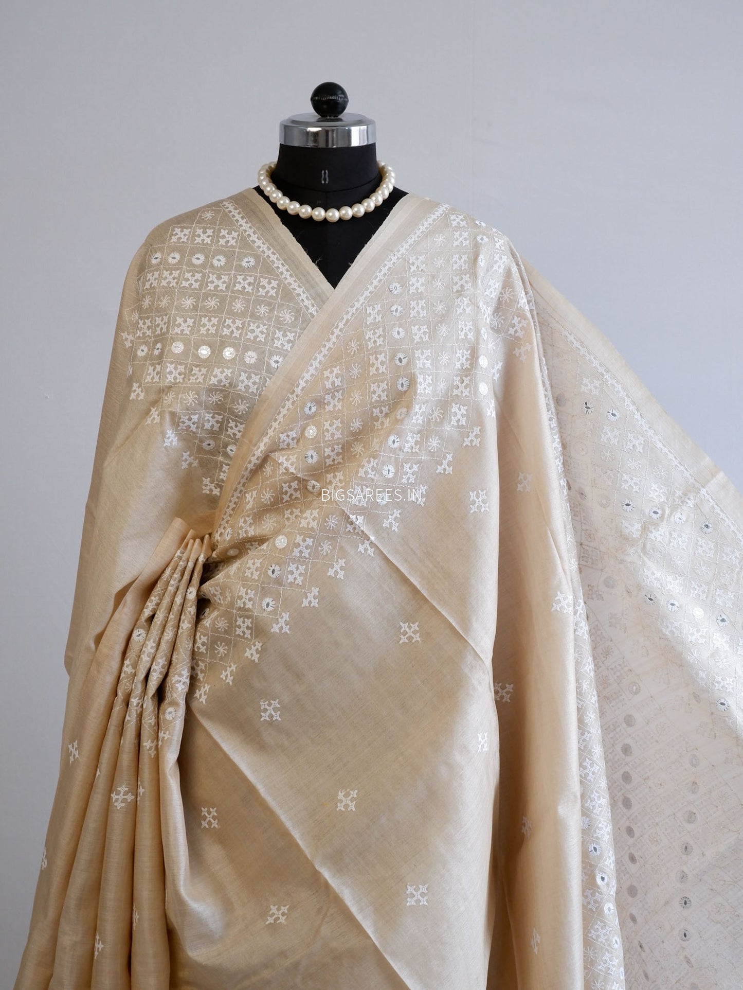 Kutchi Hand Embroidered Saree | Pure Gachi by Gachi Tassar Silk| Beige