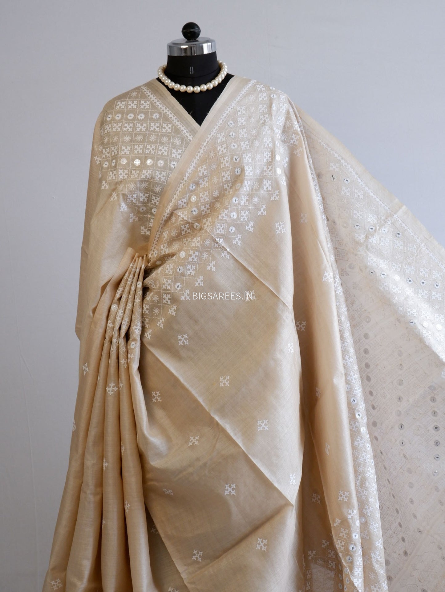 Kutchi Hand Embroidered Saree | Pure Gachi by Gachi Tassar Silk| Beige