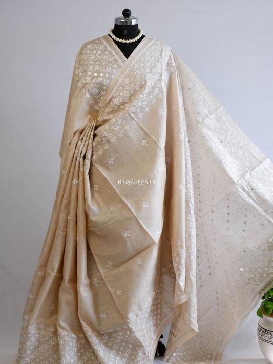 Kutchi Hand Embroidered Saree | Pure Gachi by Gachi Tassar Silk| Beige