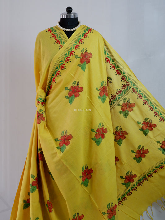 Kantha Hand-Embroidered Saree | Pure Khesh Cotton | Yellow