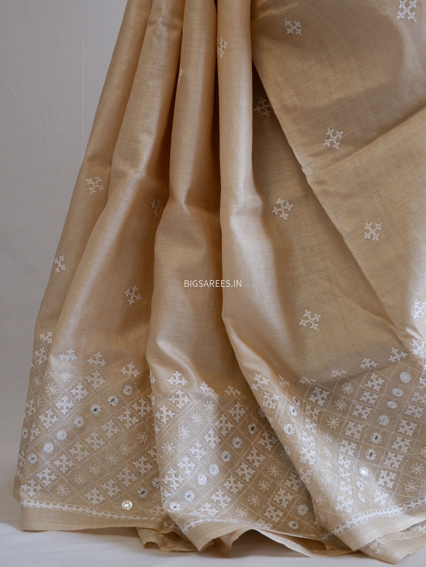 Kutchi Hand Embroidered Saree | Pure Gachi by Gachi Tassar Silk| Beige