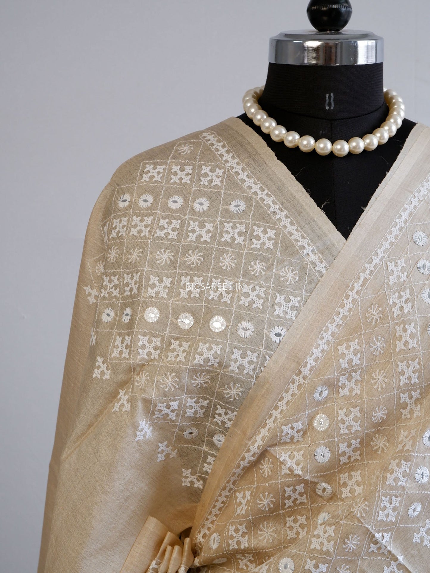 Kutchi Hand Embroidered Saree | Pure Gachi by Gachi Tassar Silk| Beige