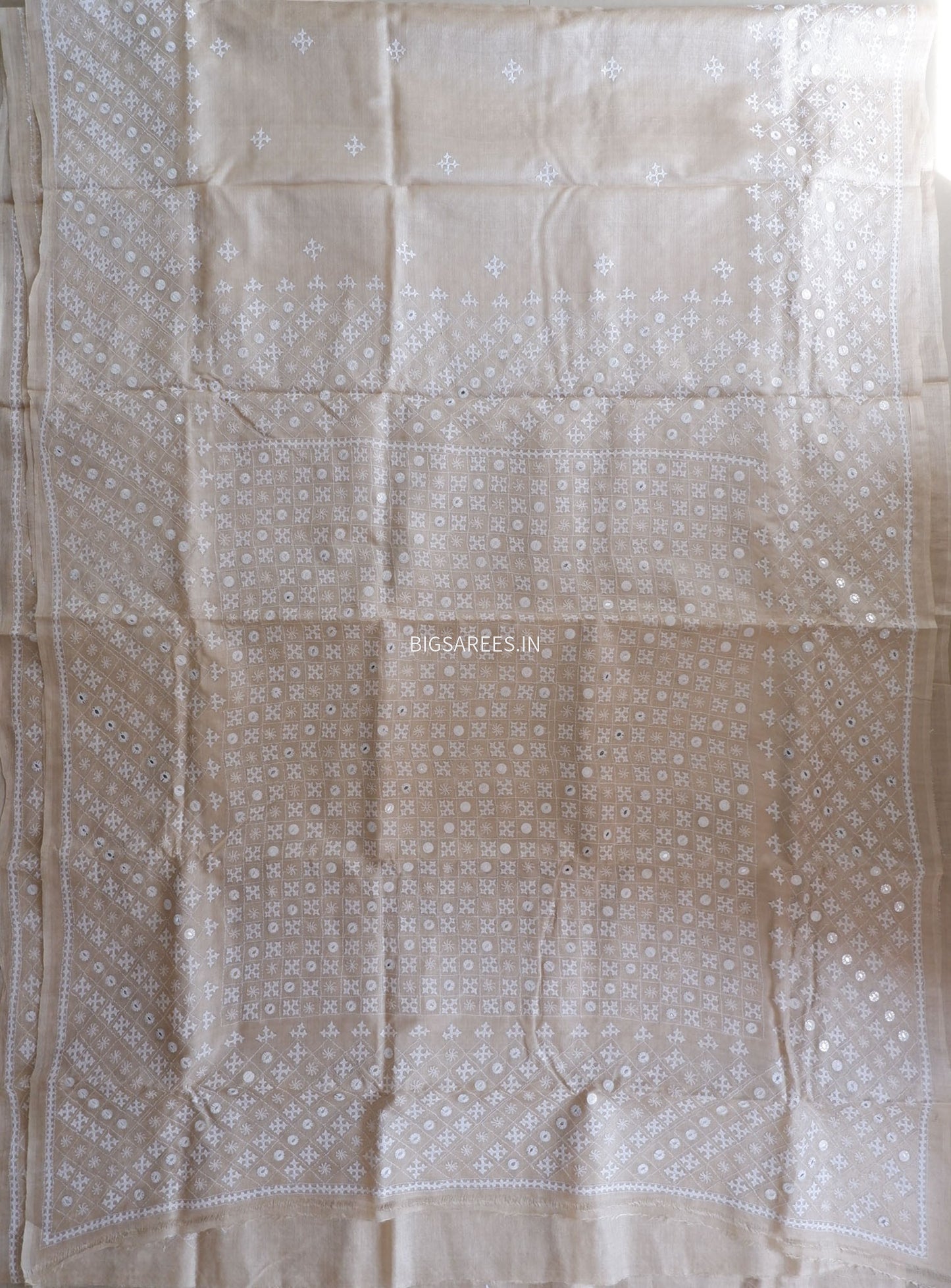Kutchi Hand Embroidered Saree | Pure Gachi by Gachi Tassar Silk| Beige