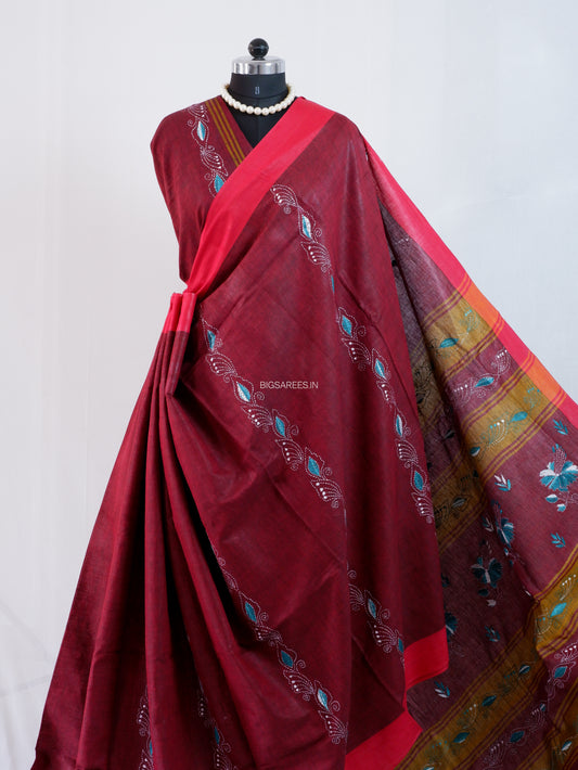 Kantha Hand-Embroidered Saree | Pure Khadi Cotton | Maroon