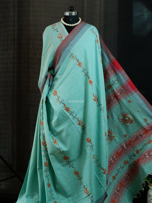 Kantha Hand-Embroidered Saree | Pure Khadi Cotton | Light Turquoise