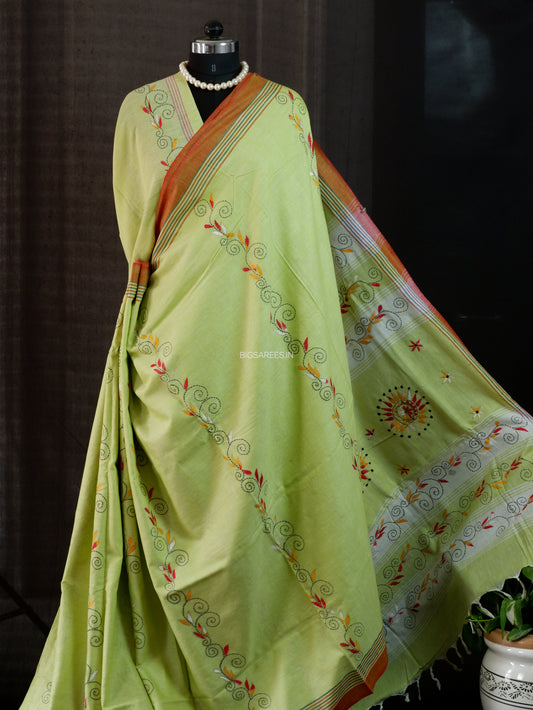 Kantha Hand-Embroidered Saree | Pure Khadi Cotton | Avocado Green