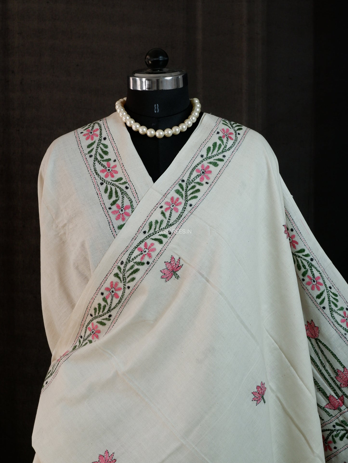 Kantha Stitch Hand-Embroidered Saree | Khadi Cotton | White