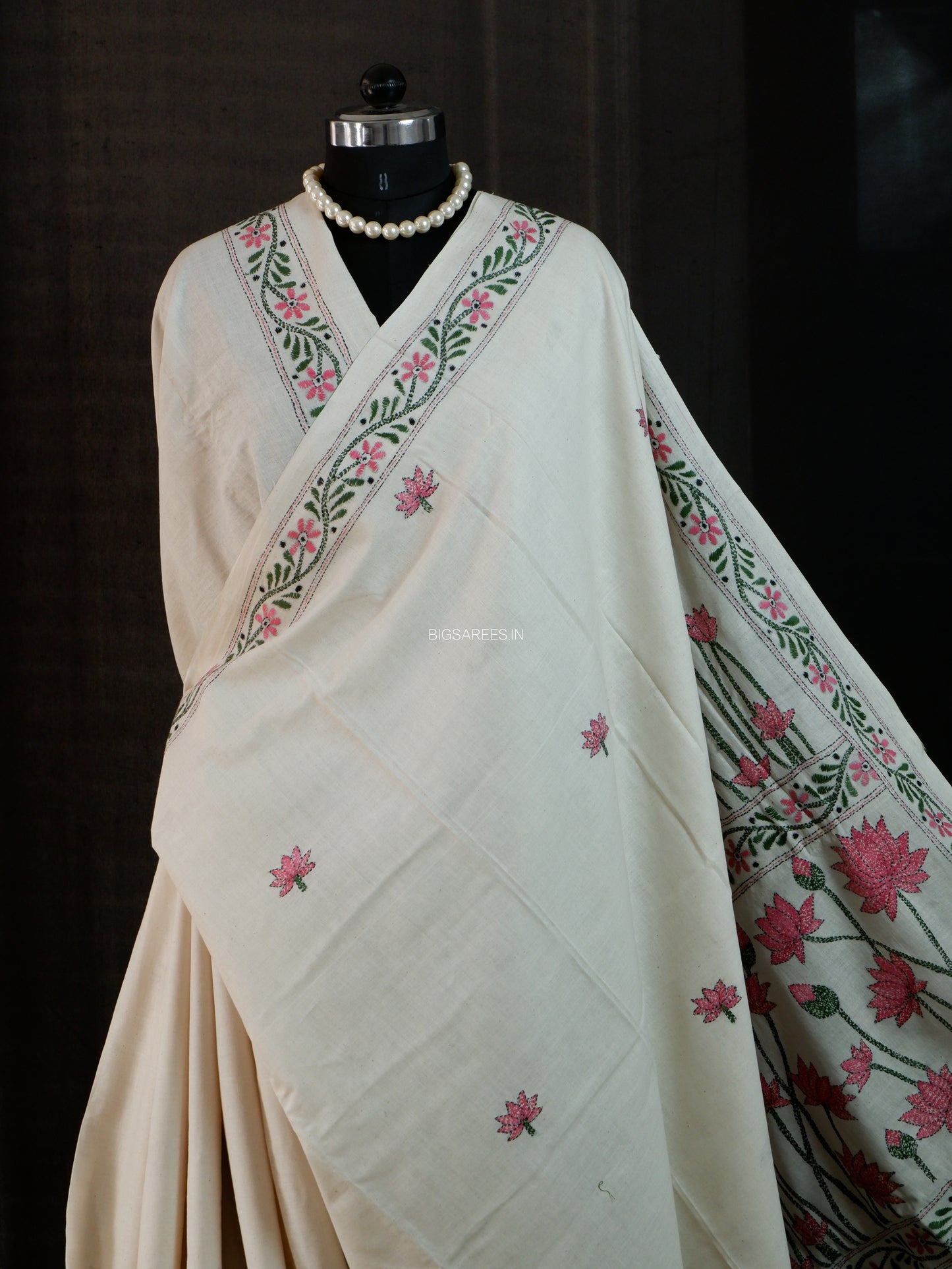 Kantha Stitch Hand-Embroidered Saree | Khadi Cotton | White