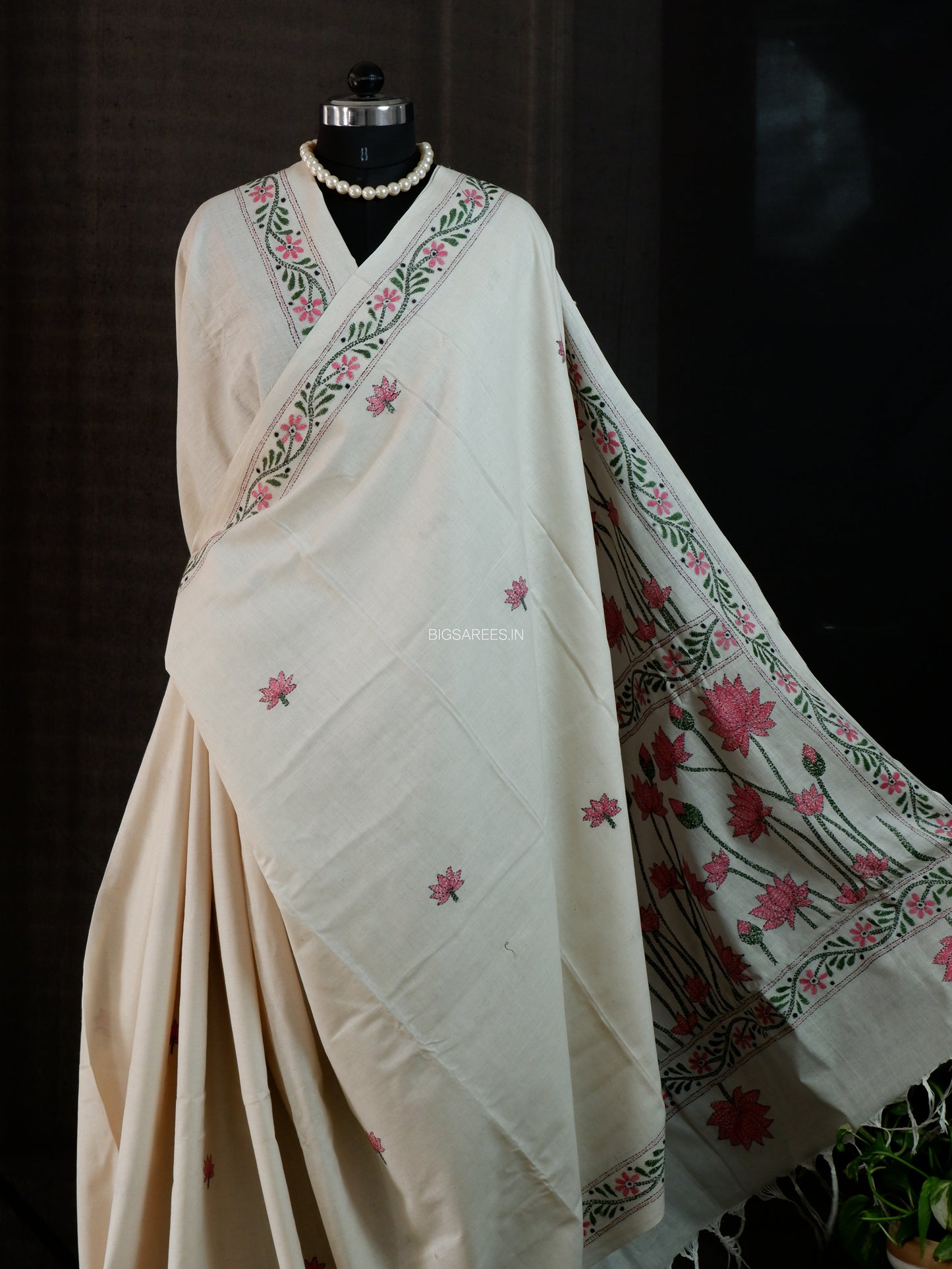 Kantha Stitch Hand-Embroidered Saree | Khadi Cotton | White