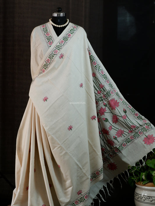 Kantha Stitch Hand-Embroidered Saree | Khadi Cotton | White
