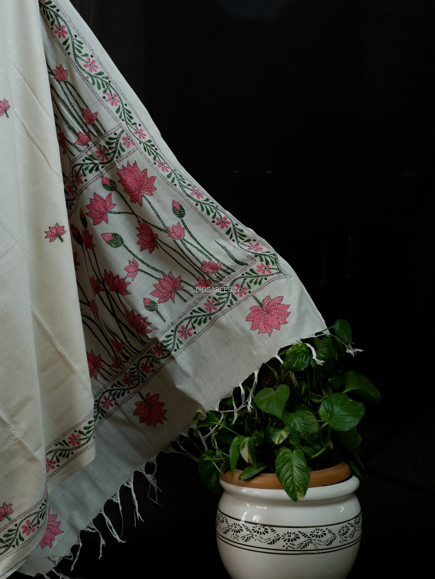 Kantha Stitch Hand-Embroidered Saree | Khadi Cotton | White