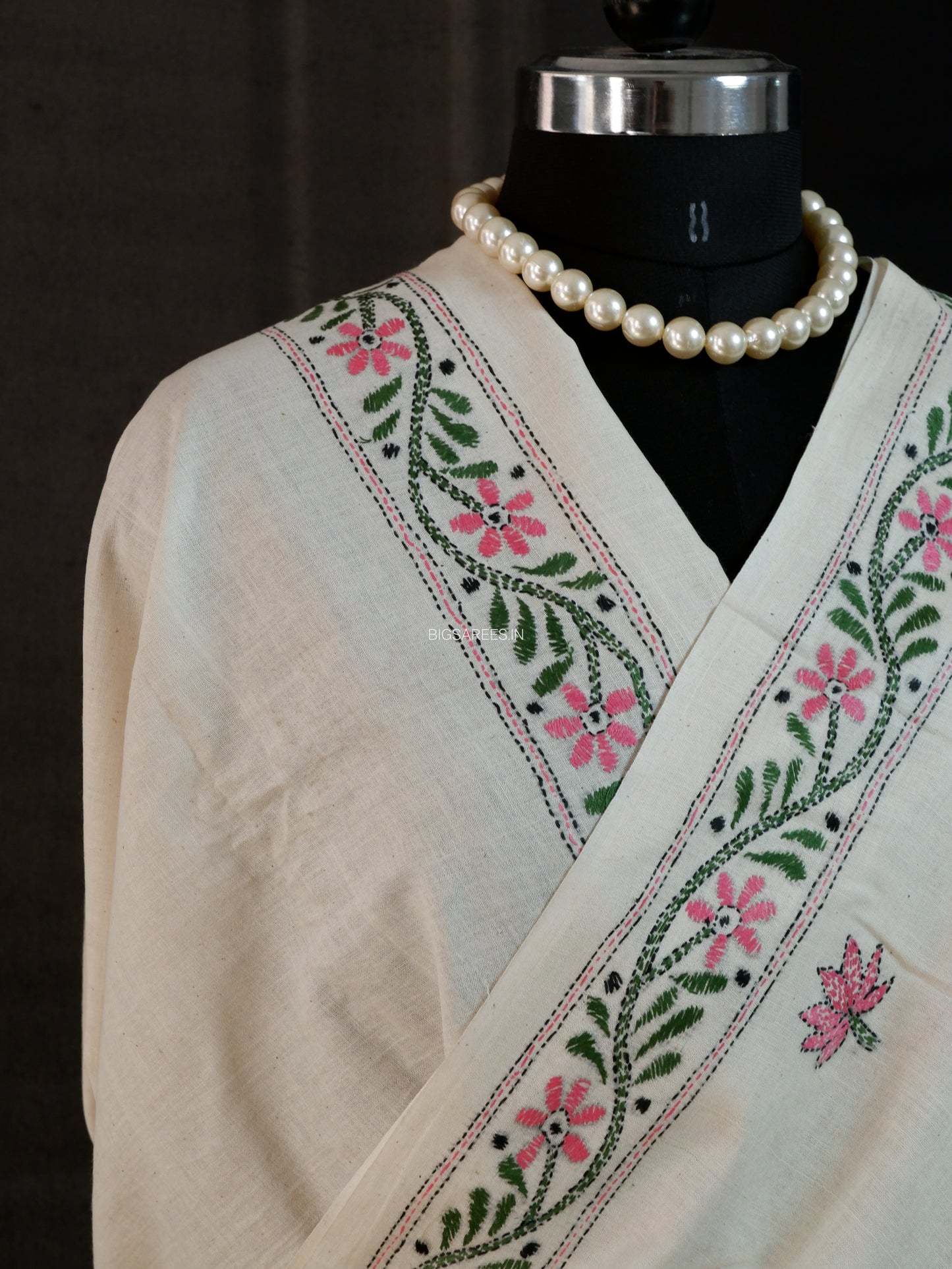 Kantha Stitch Hand-Embroidered Saree | Khadi Cotton | White
