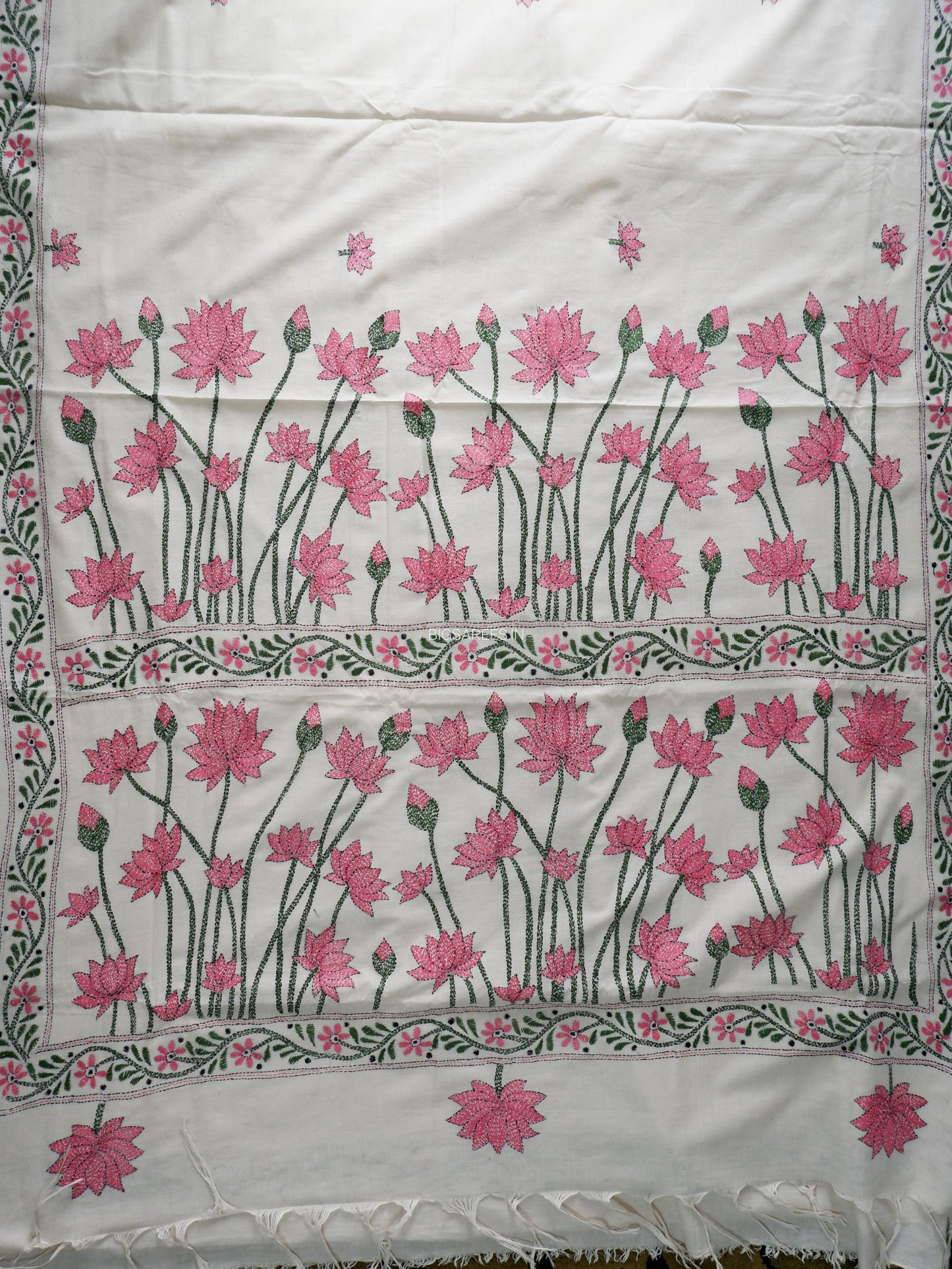 Kantha Stitch Hand-Embroidered Saree | Khadi Cotton | White