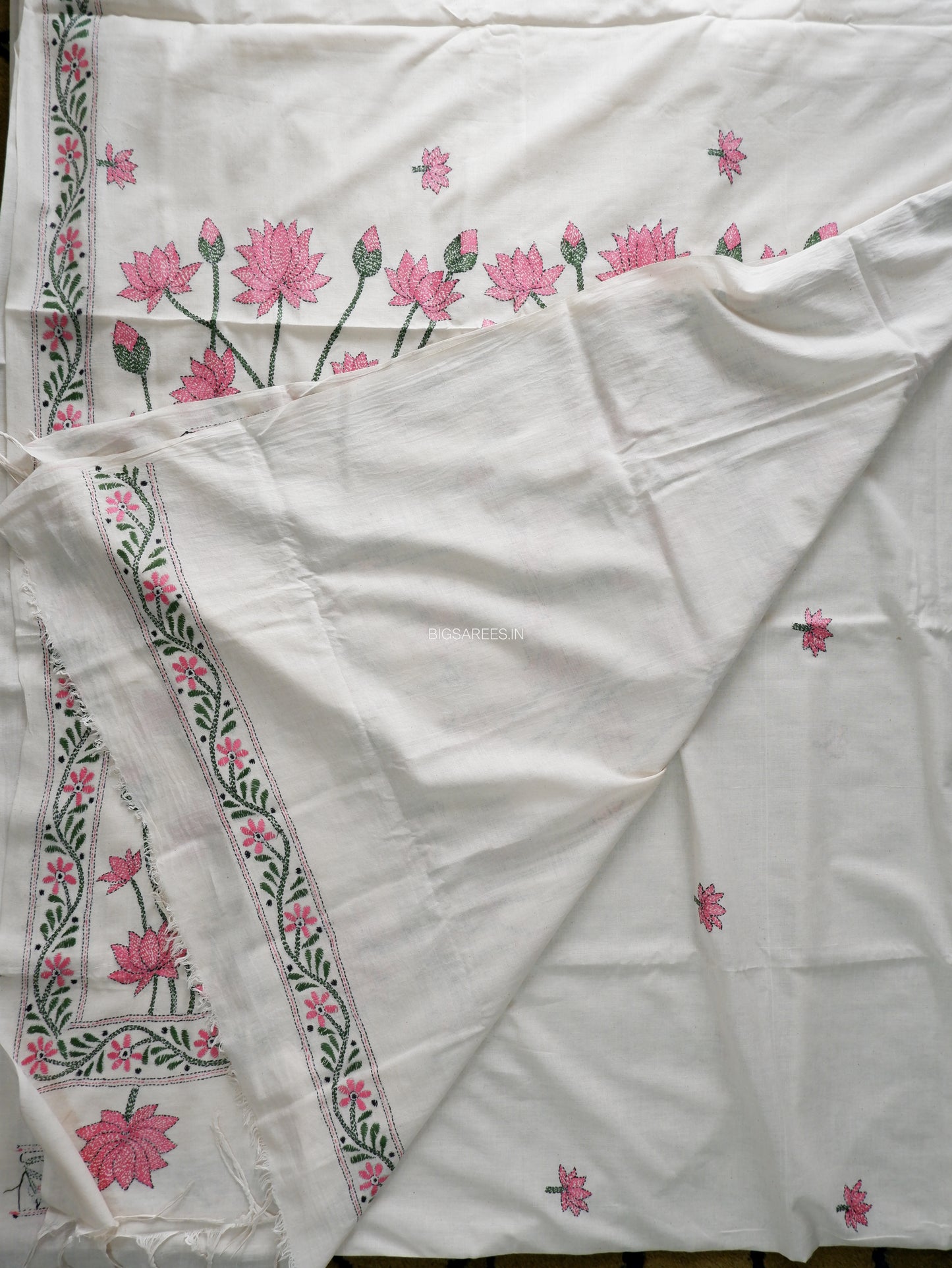 Kantha Stitch Hand-Embroidered Saree | Khadi Cotton | White