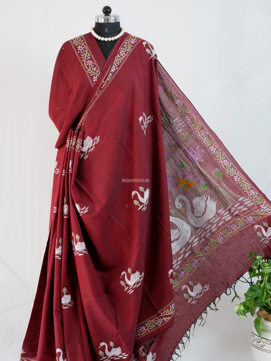 Kantha Stitch Hand-Embroidered Saree | Khadi Cotton | Maroon