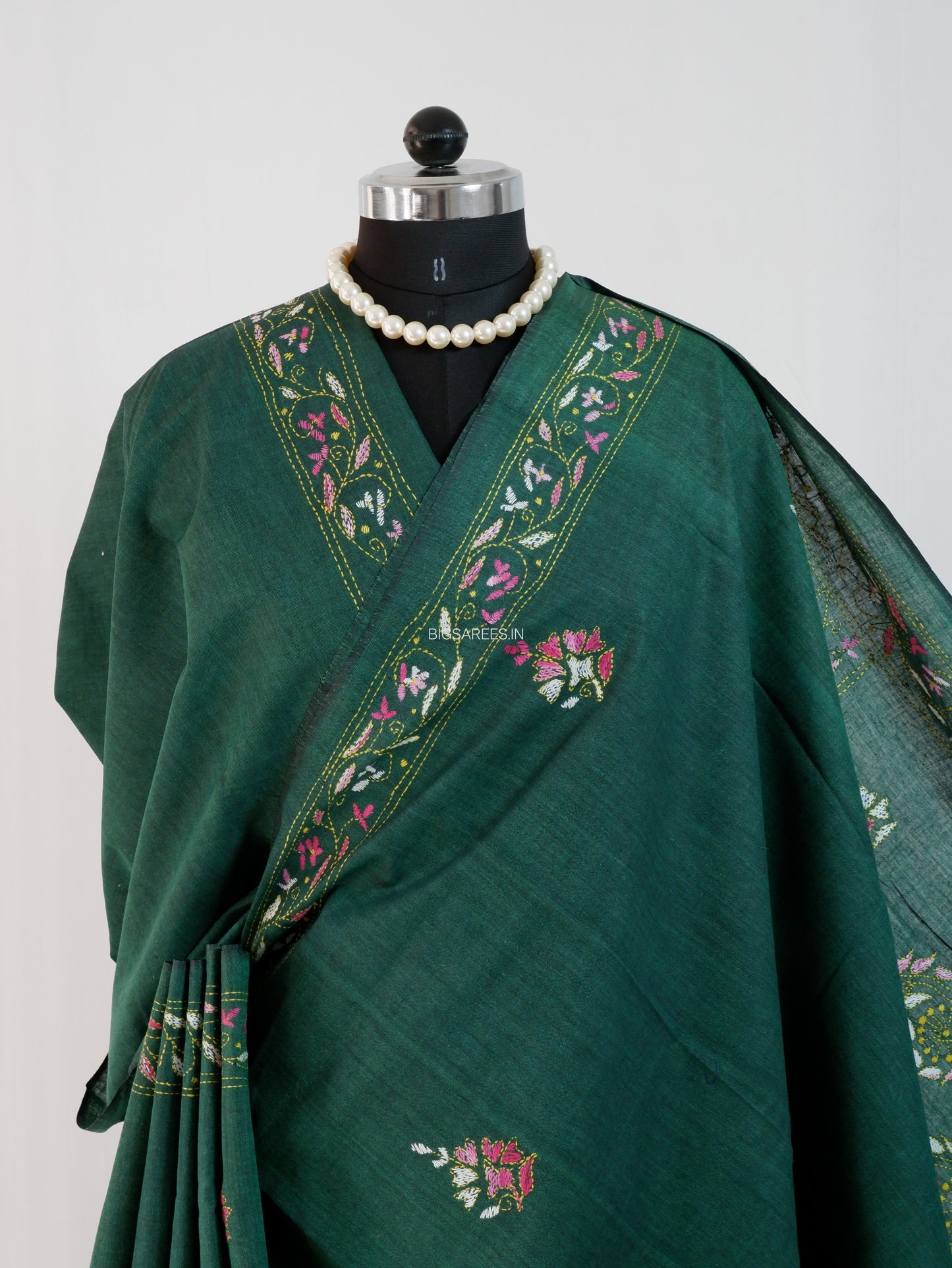 Kantha Stitch Hand-Embroidered Saree | Khadi Cotton | Forest Green