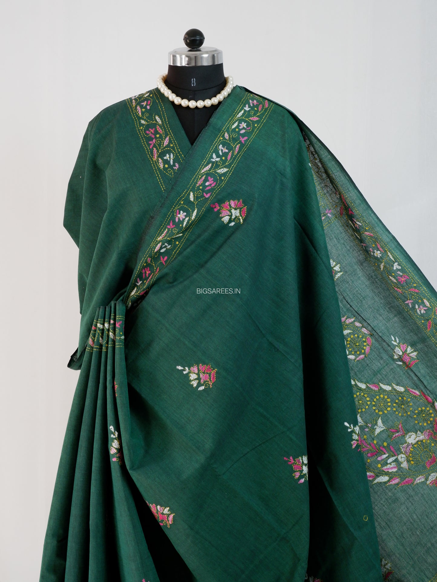 Kantha Stitch Hand-Embroidered Saree | Khadi Cotton | Forest Green