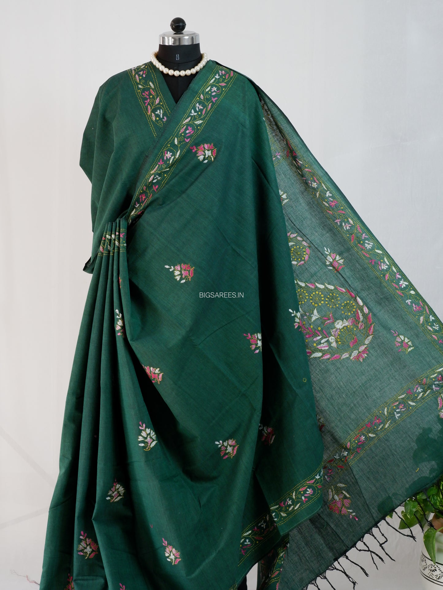 Kantha Stitch Hand-Embroidered Saree | Khadi Cotton | Forest Green