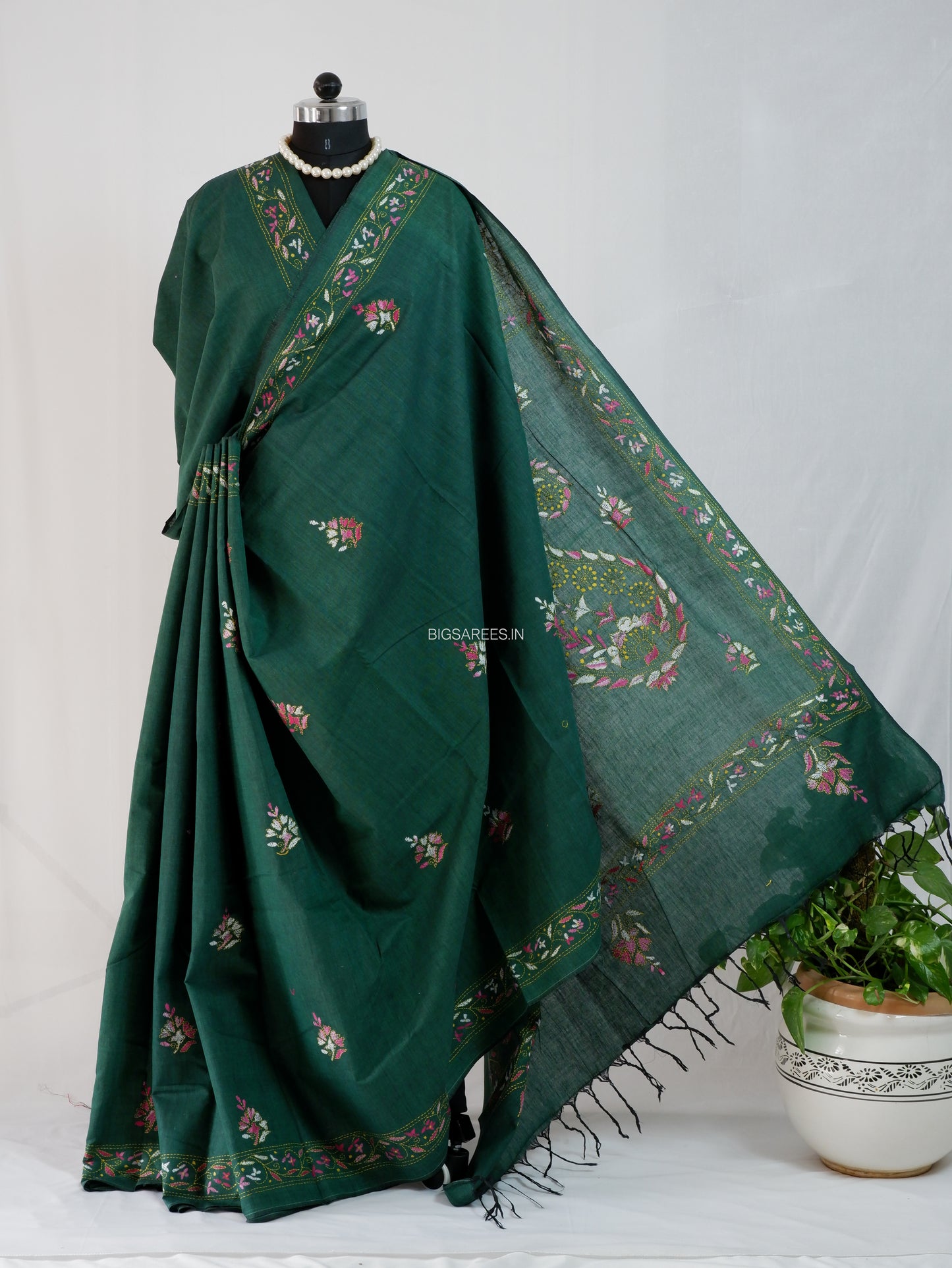 Kantha Stitch Hand-Embroidered Saree | Khadi Cotton | Forest Green