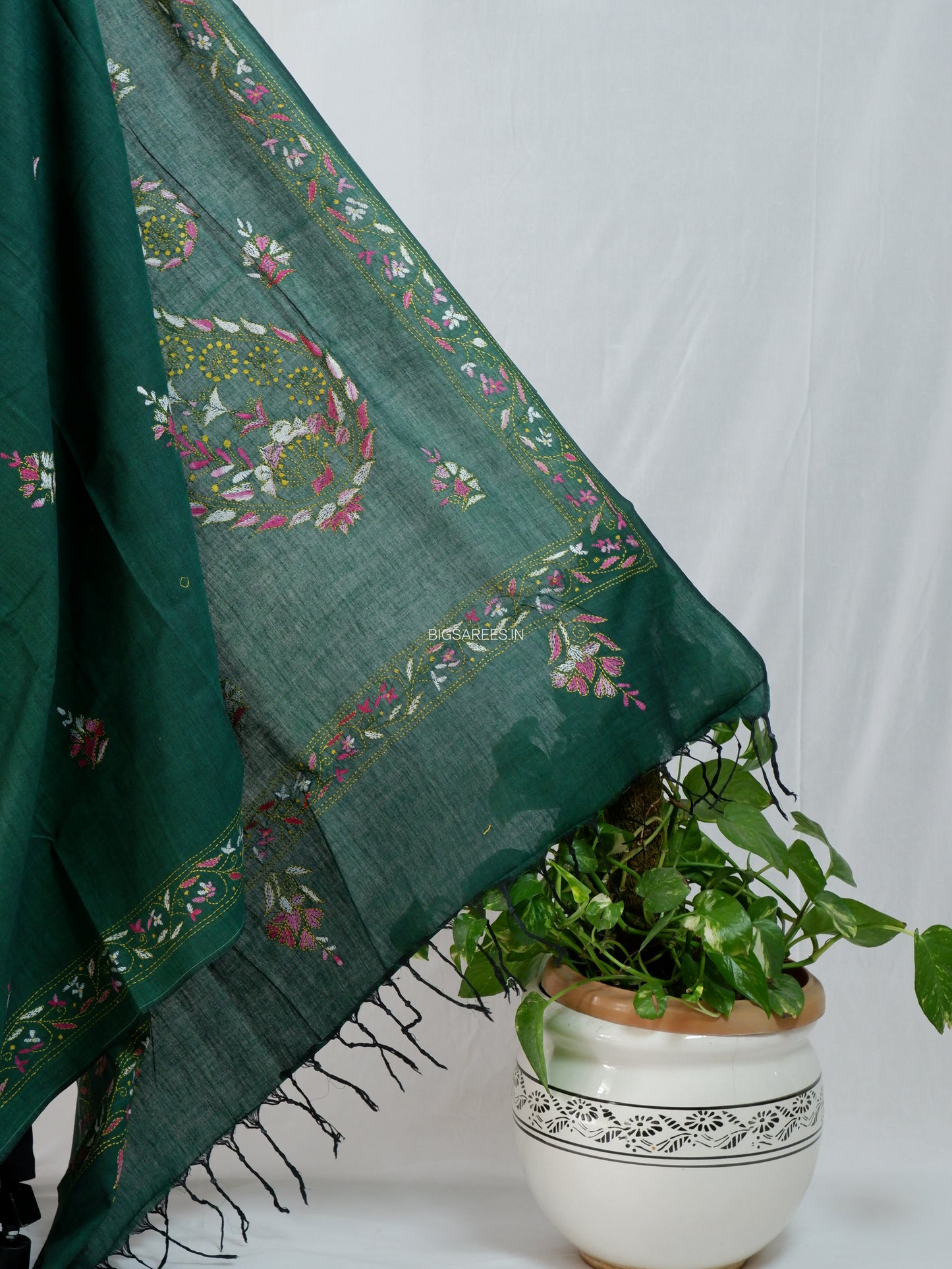 Kantha Stitch Hand-Embroidered Saree | Khadi Cotton | Forest Green