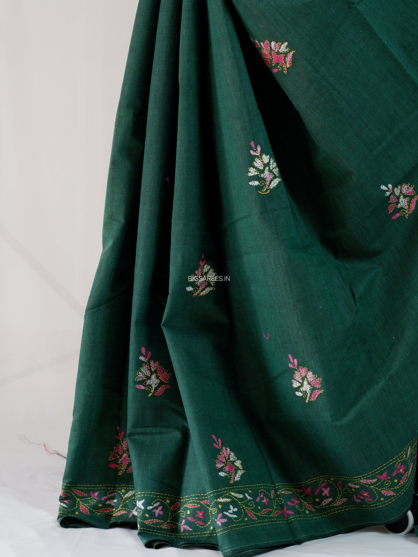 Kantha Stitch Hand-Embroidered Saree | Khadi Cotton | Forest Green