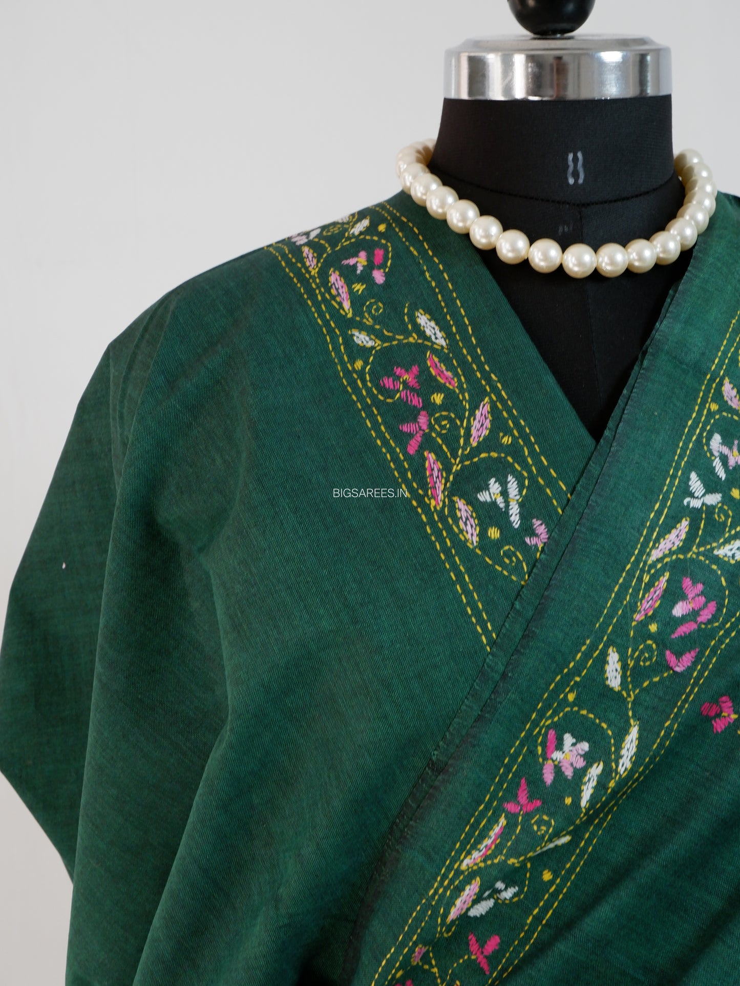 Kantha Stitch Hand-Embroidered Saree | Khadi Cotton | Forest Green