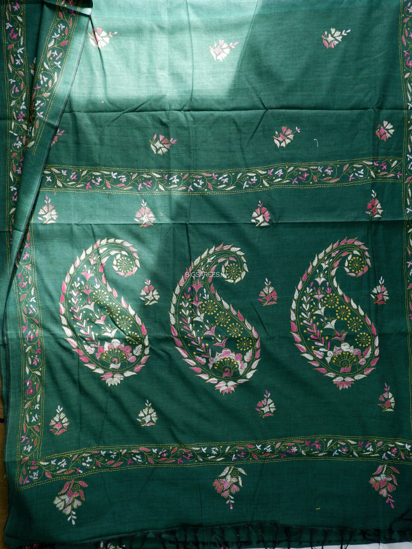Kantha Stitch Hand-Embroidered Saree | Khadi Cotton | Forest Green