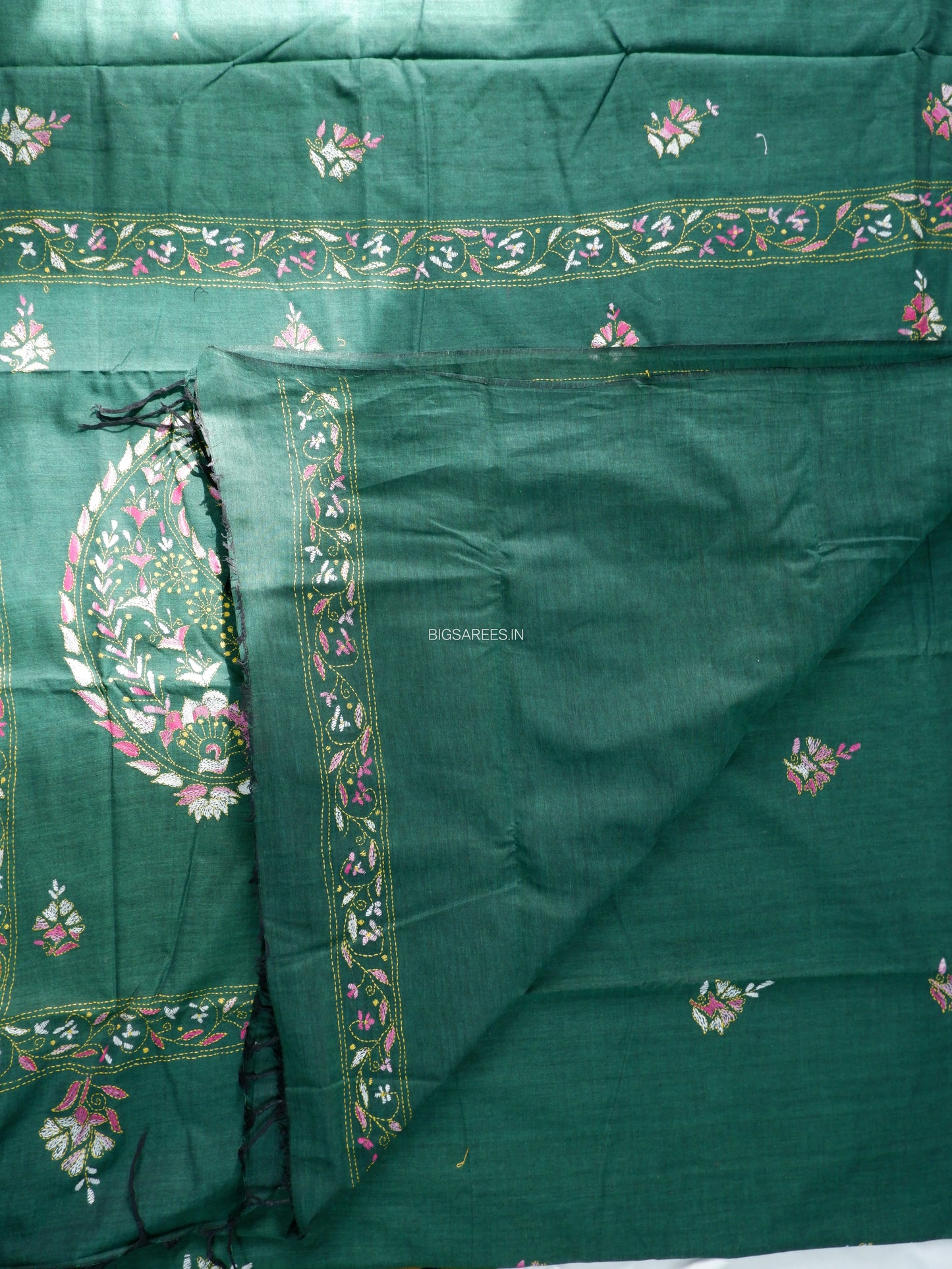 Kantha Stitch Hand-Embroidered Saree | Khadi Cotton | Forest Green