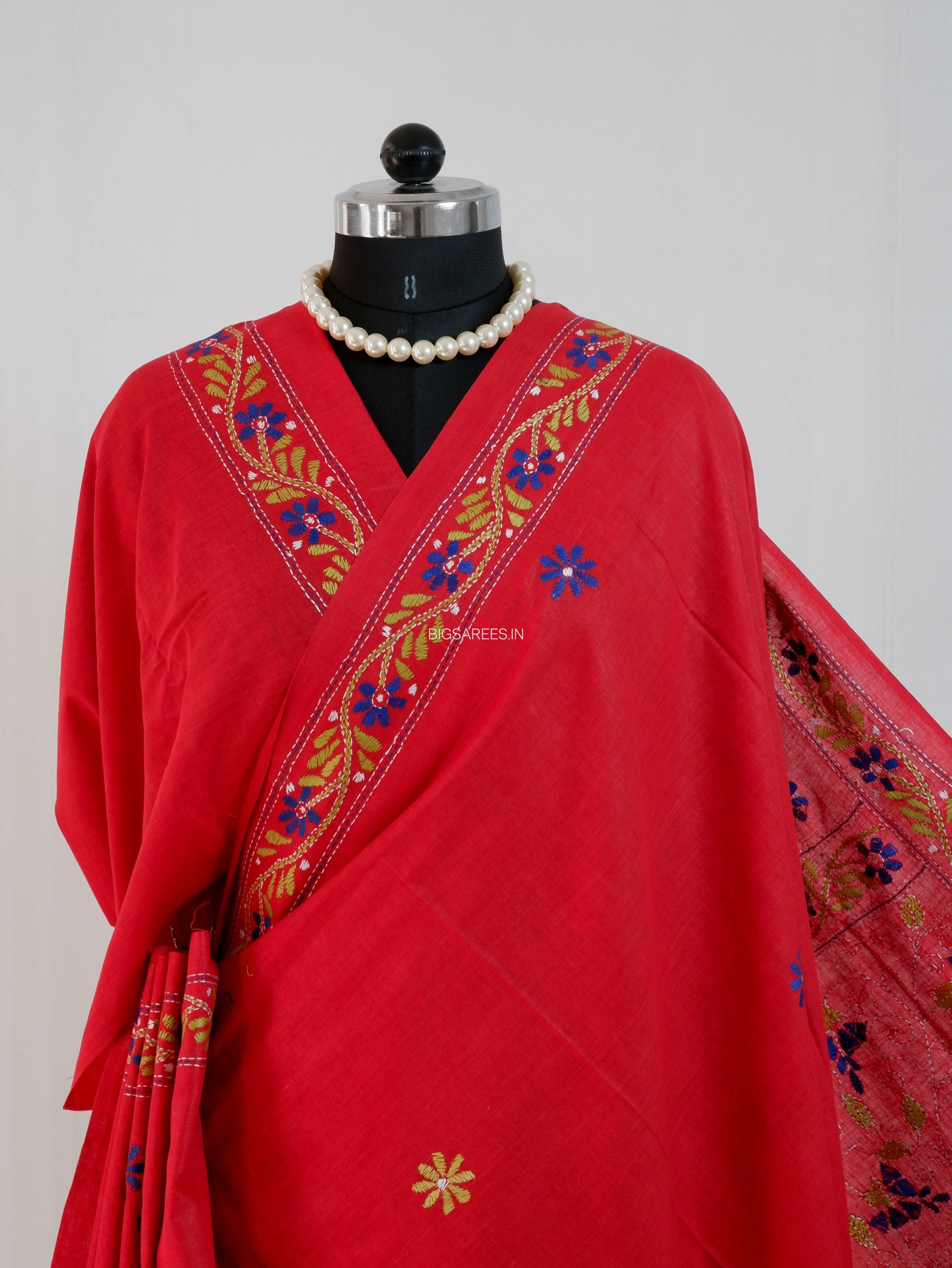 Kantha Stitch Hand-Embroidered Saree | Khadi Cotton | Ruby