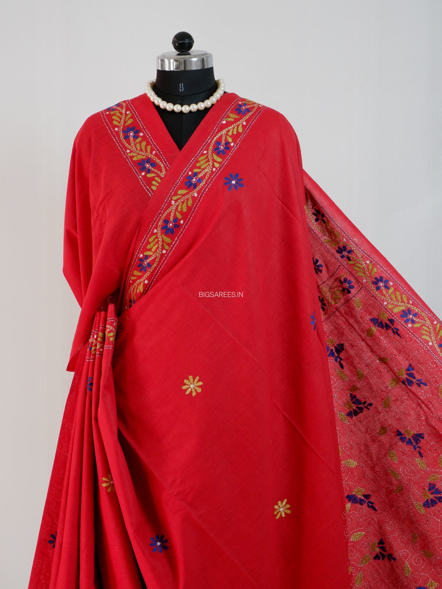 Kantha Stitch Hand-Embroidered Saree | Khadi Cotton | Ruby