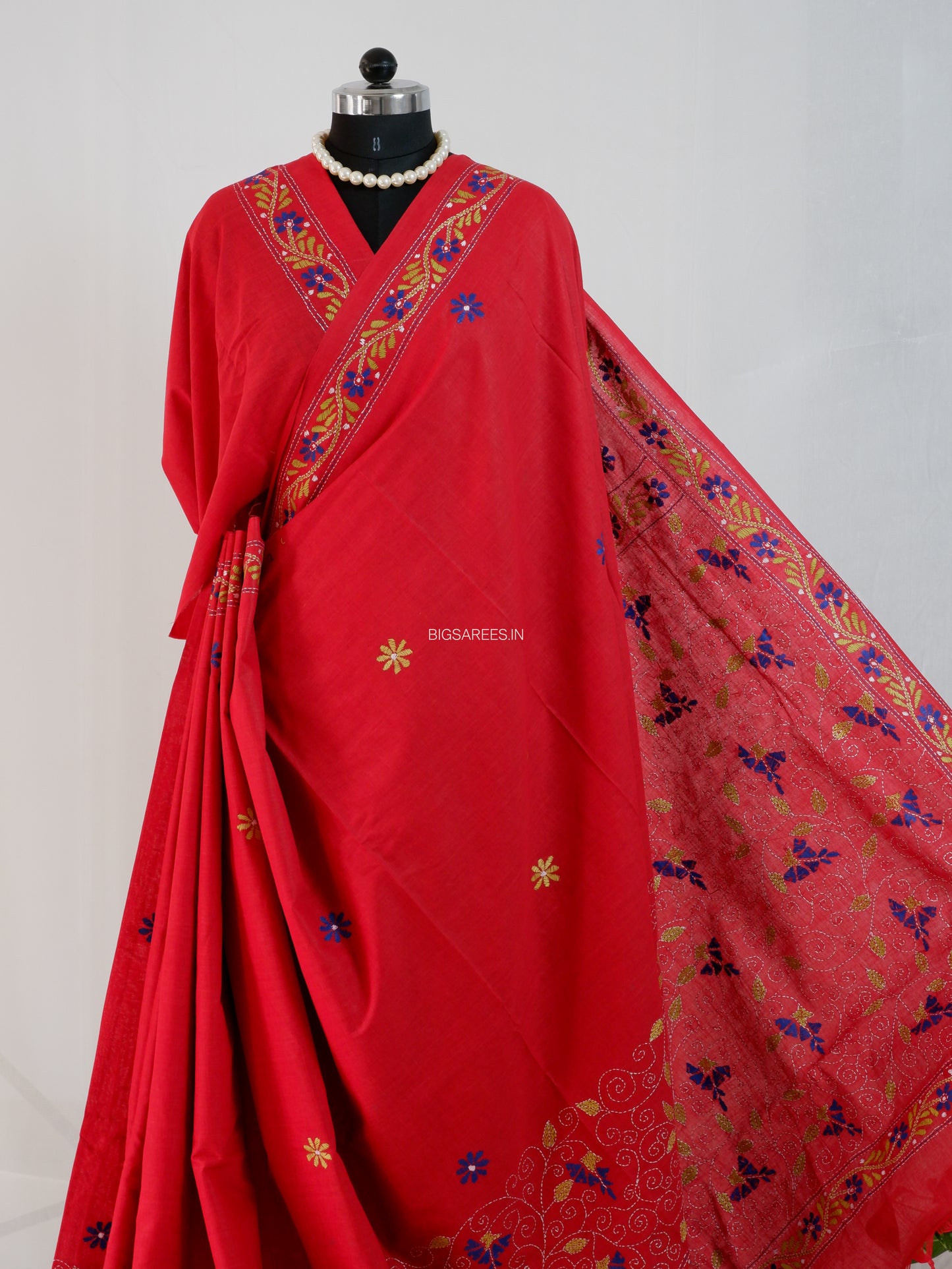 Kantha Stitch Hand-Embroidered Saree | Khadi Cotton | Ruby